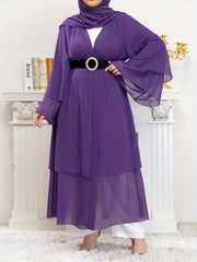  Mesh Bell Sleeve Layered Maxi Abaya Dress & Hijab 2pcs Set