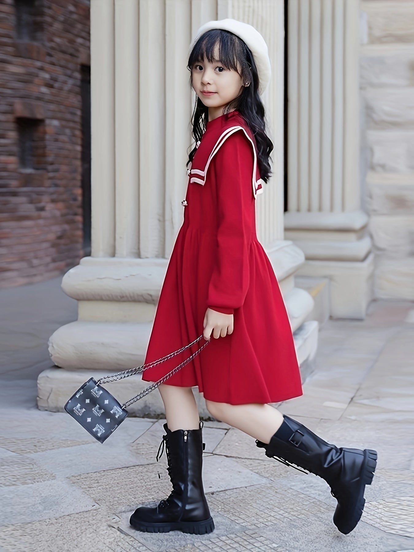 Preppy Style Girls Knit Dress Long Sleeve Comfy Knitwear