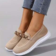 Women's Knitted Flat Shoes with Metal Chain Slip On Casual Walking Shoes