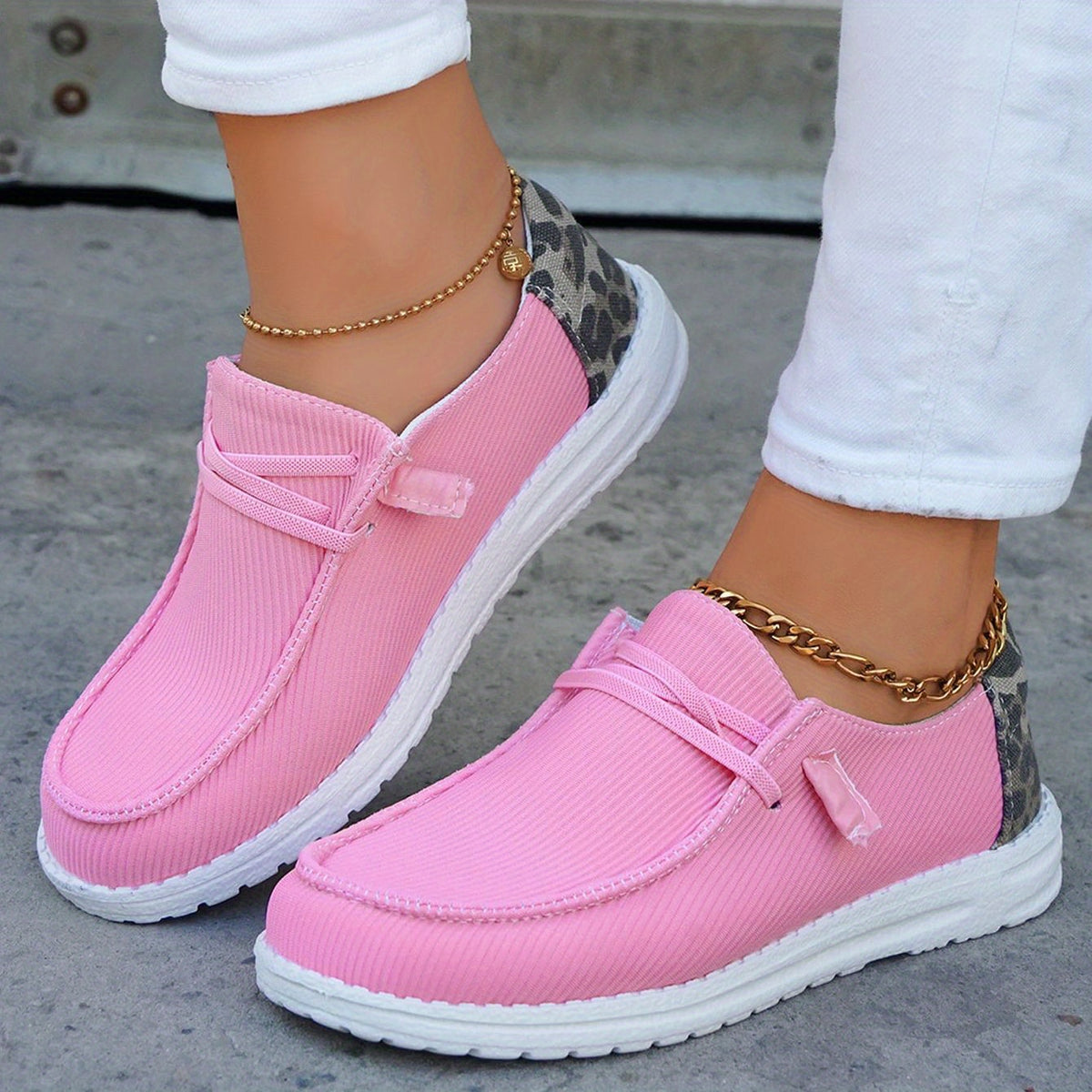 Leopard Print Lace-Up Flats Outdoor Low Top Shoes