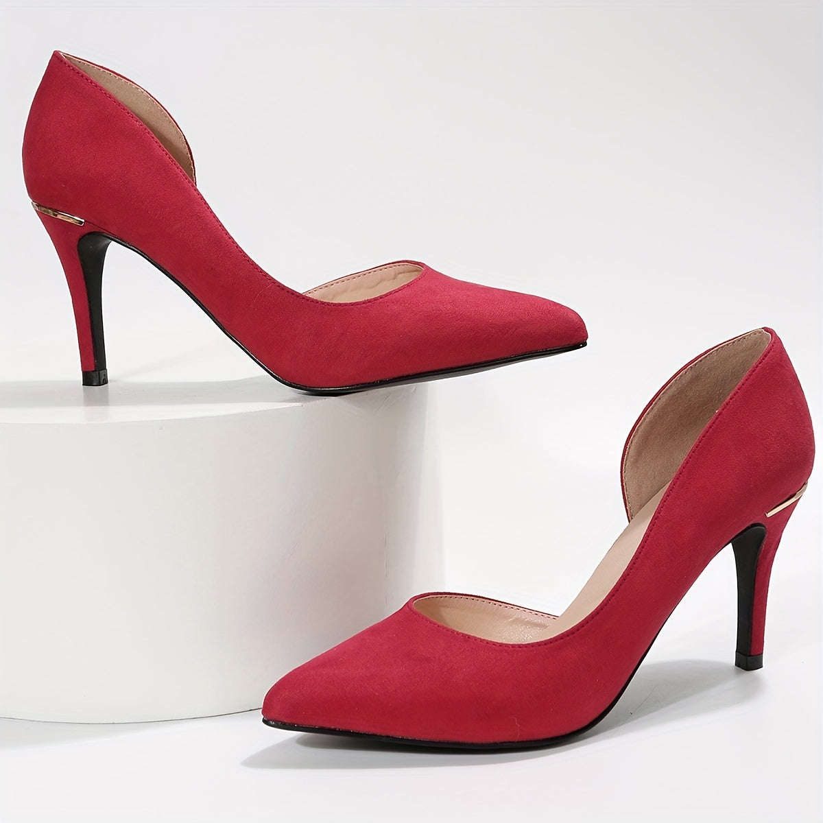 Red Stiletto Heels Point Toe Slip On Work Pumps Solid Dress Heels