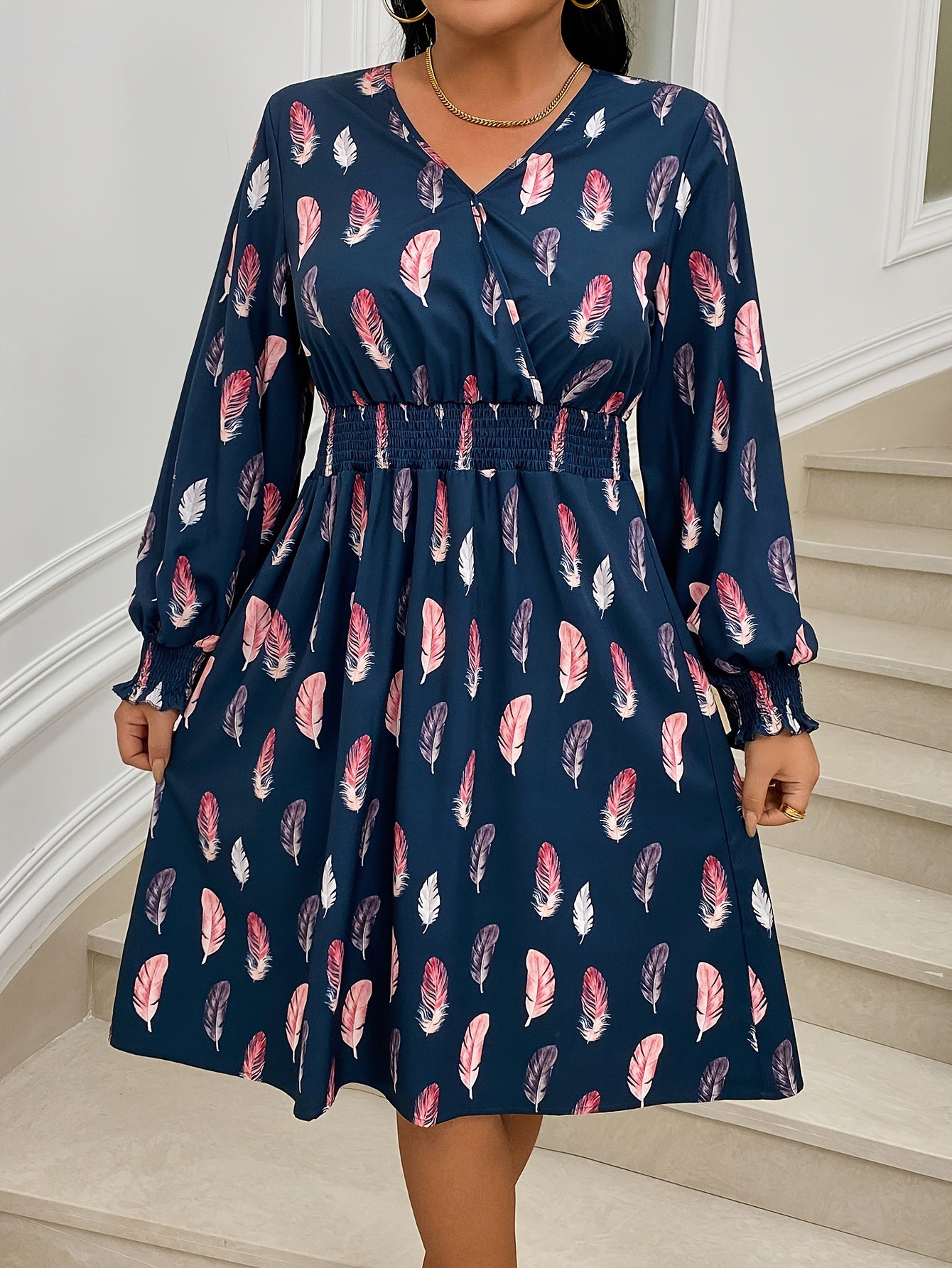  Casual Dress Women's Plus Feather Print V Neck Dress