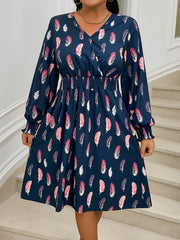  Casual Dress Women's Plus Feather Print V Neck Dress