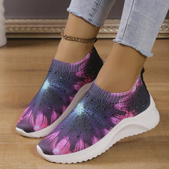 Rhinestone Decor Floral Sneakers Low Top Slip On Knit Sock Shoes