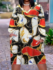  Colorblock Chain Print Long Sleeve V Neck Dress