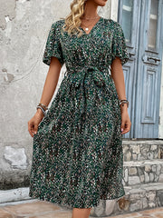  Ditsy Print Short Sleeve Surplice Neck Dress With Belt