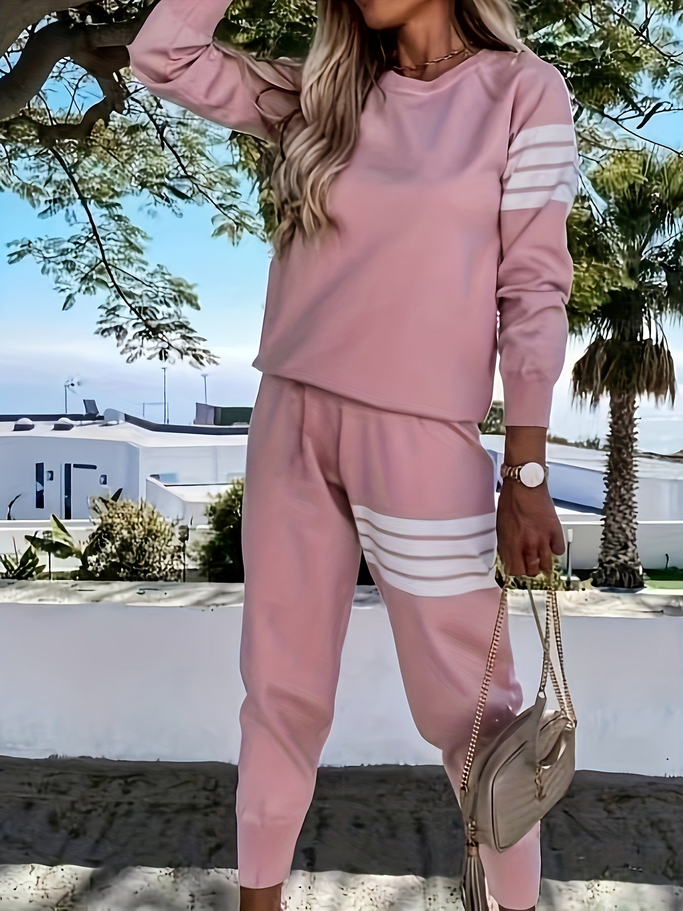  Stripe Print Top & Pants 2 Piece Set