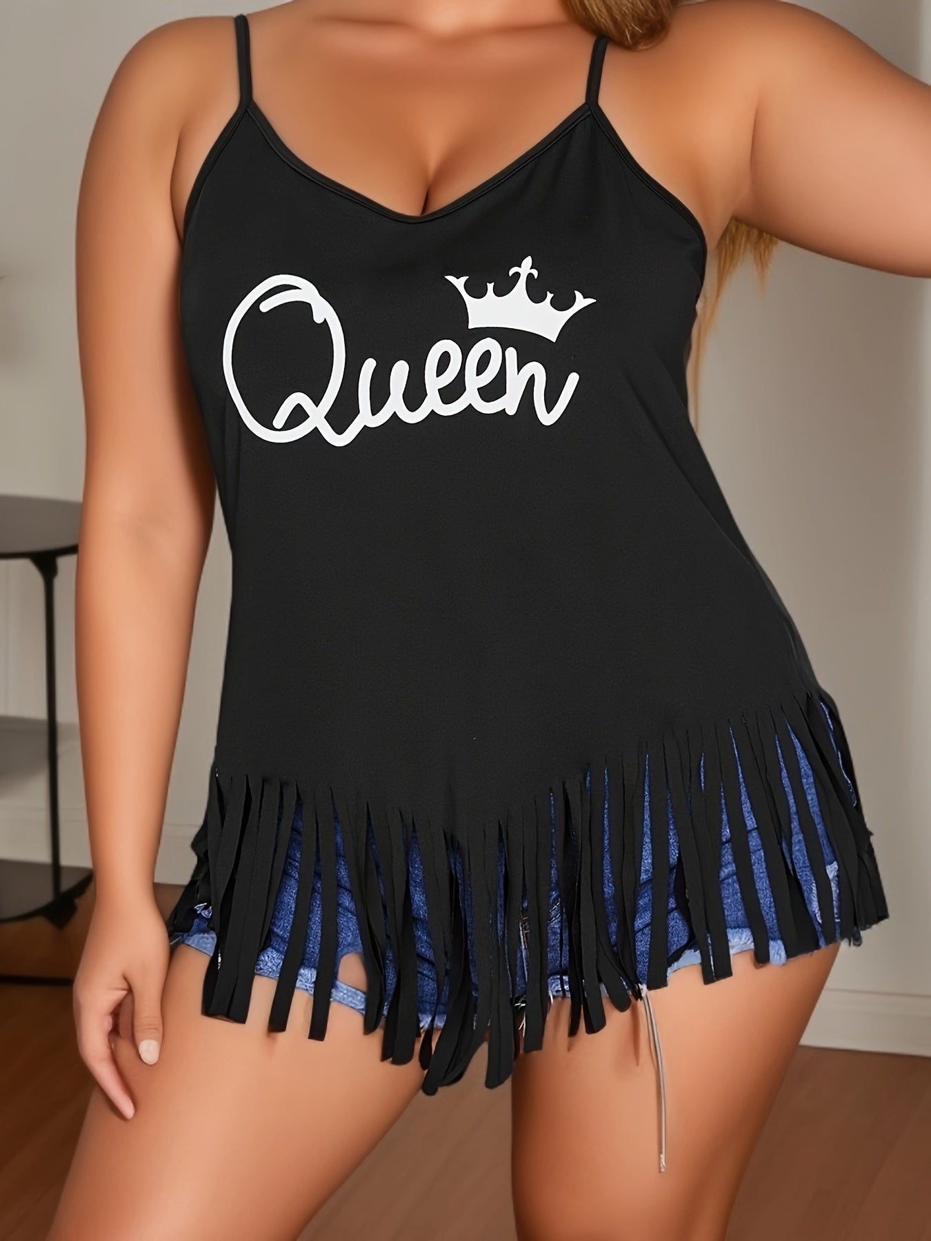  Crown Letter Print Cami Top with Tassel Trim