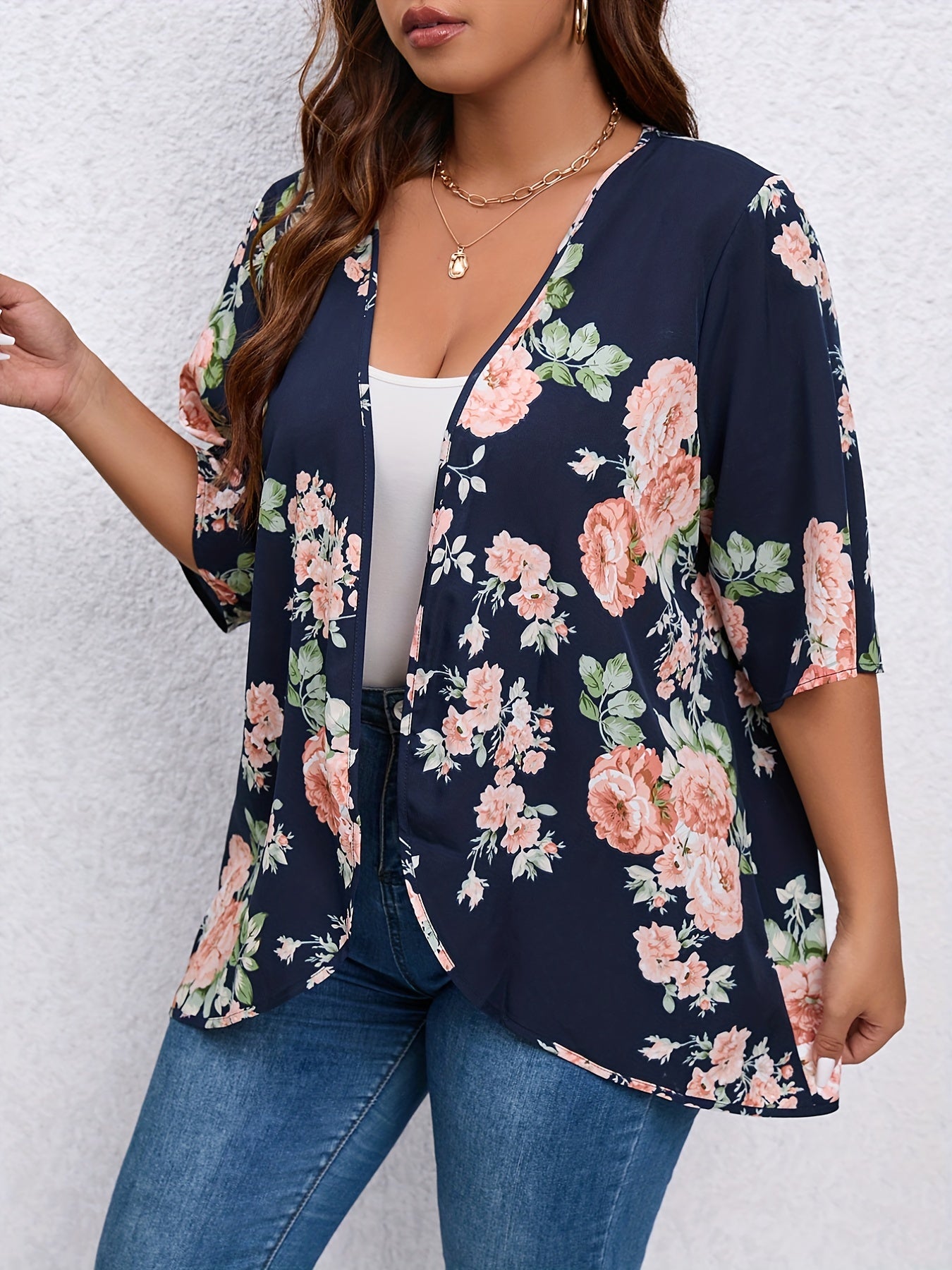  Floral Print Open Front Coat