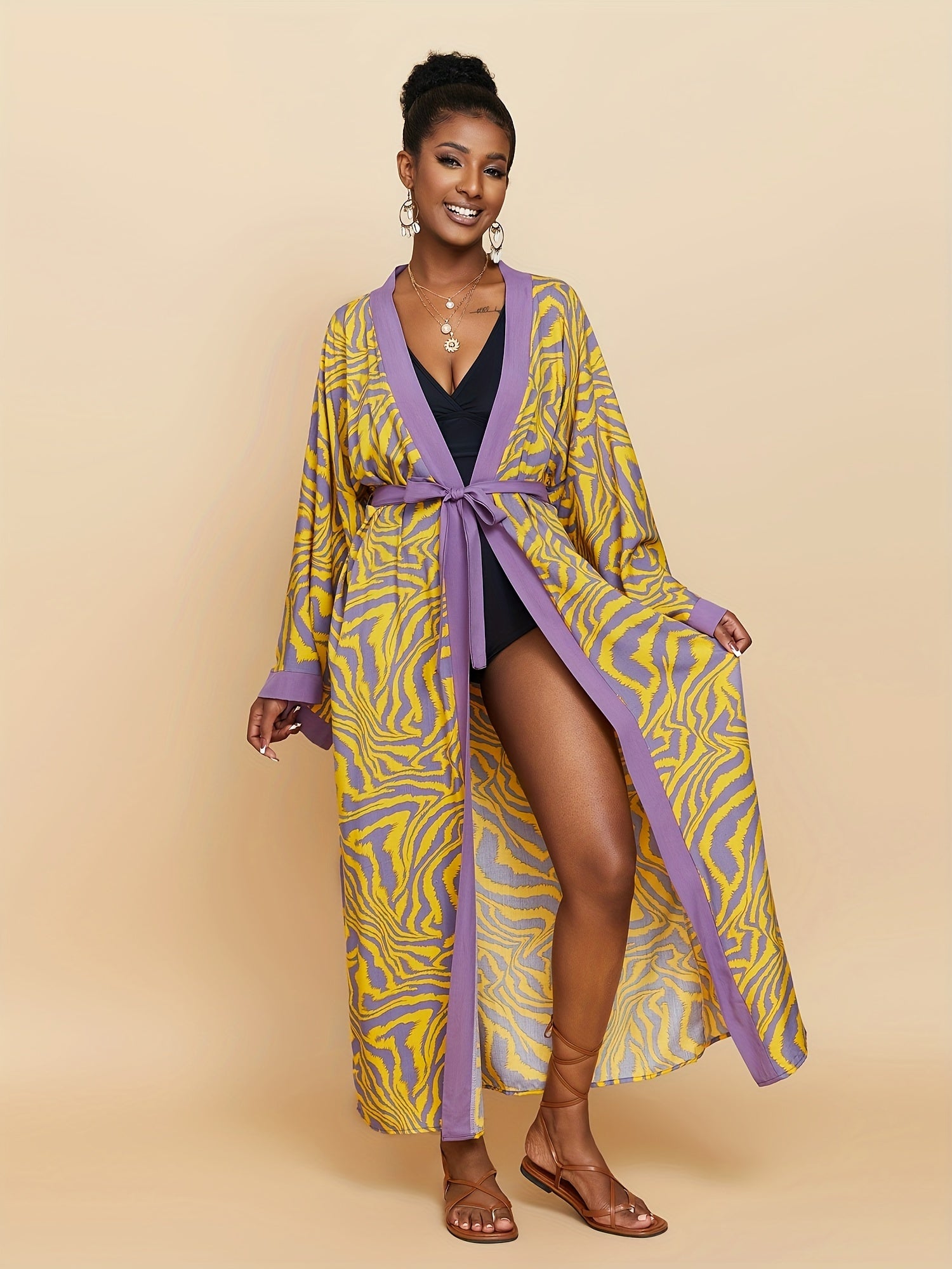  Fluid Print Long Sleeve Cover Up
