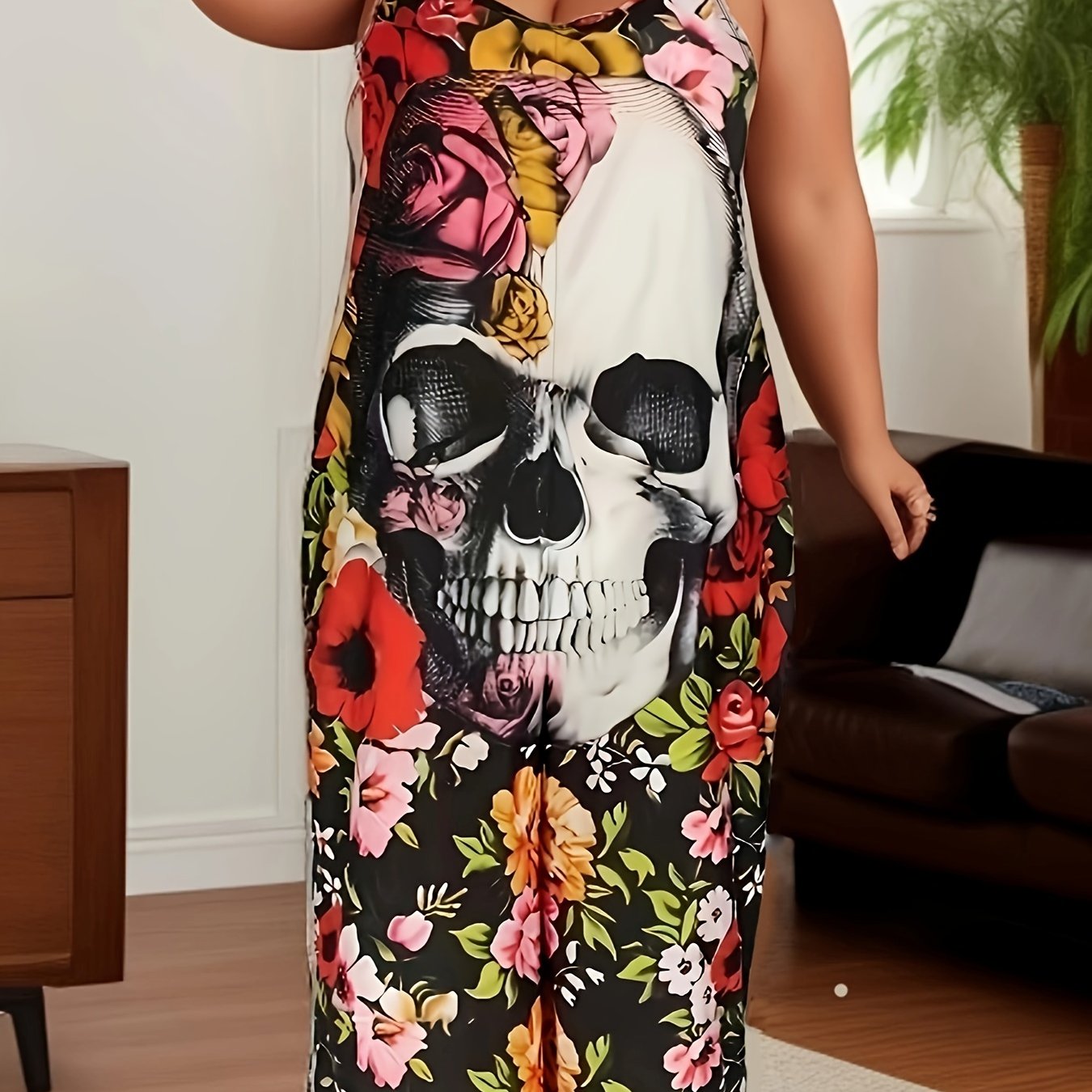  Gothic Skull & Floral Print Wide Leg Cami Jumpsuit