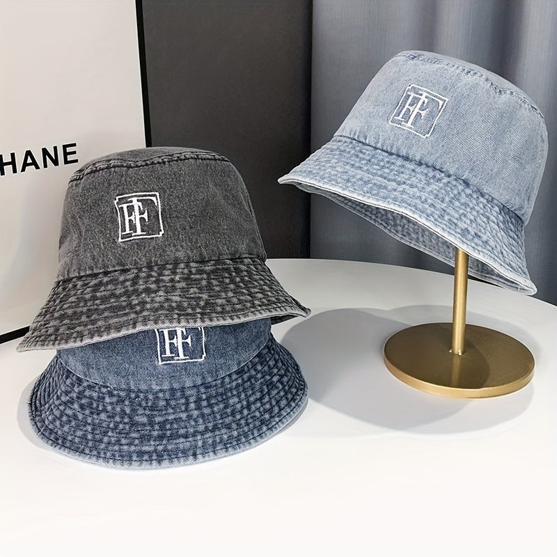 Embroidery Denim Bucket Hat Washed Distressed Vintage Basin Hat