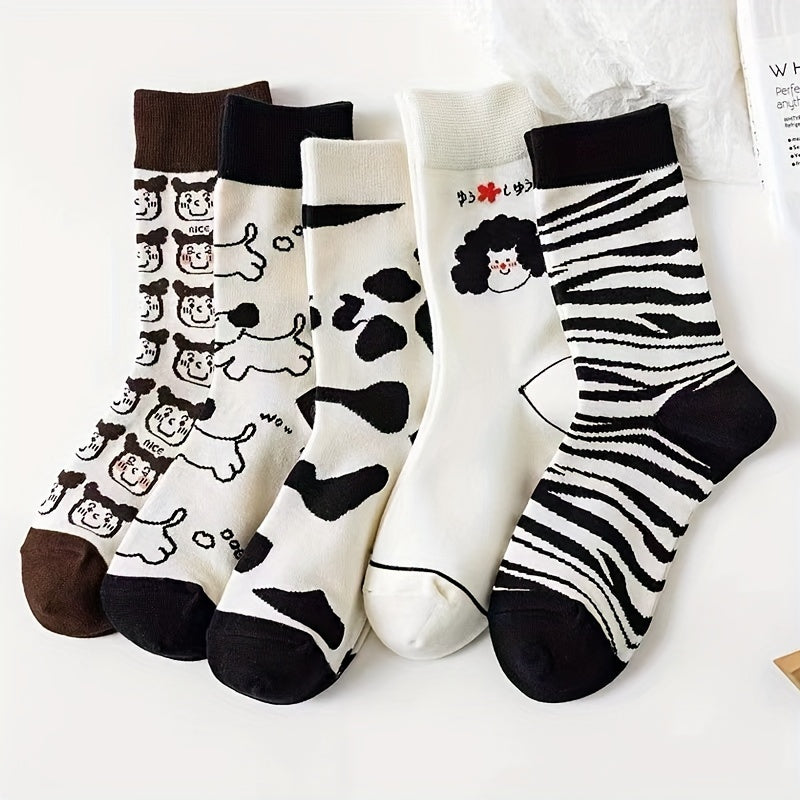5 Pairs Cartoon Print Socks Comfy & Mid Tube Socks Women's Stockings