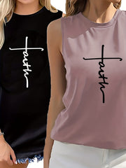 Faith Print 2pcs Tank Top Set Sleeveless Crew Neck Casual Two piece Set