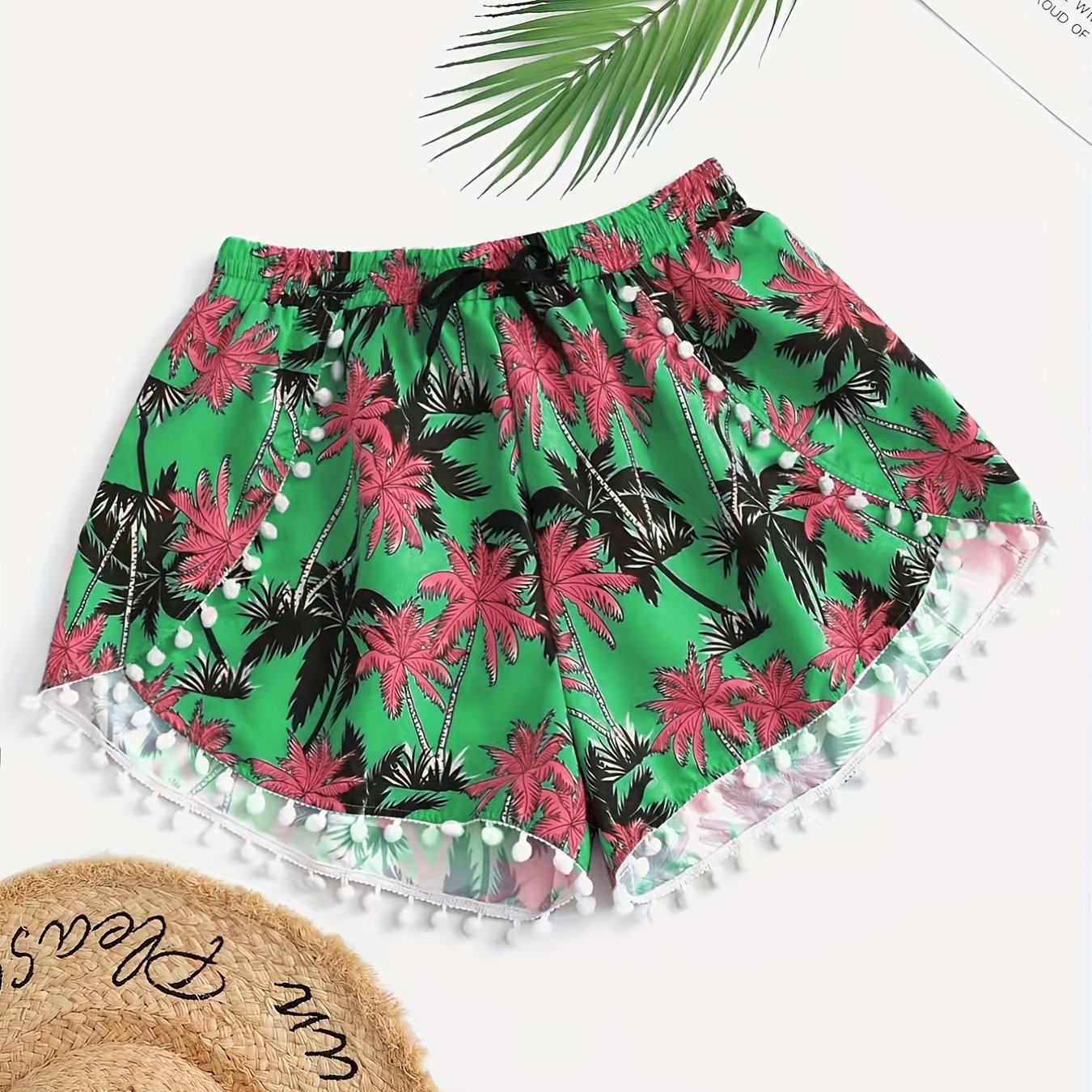  Vacay Shorts Women's Plus Tropical Print Mini Bow Pompom Trim