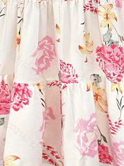  Floral Print Butterfly Sleeve Smock Pleated Dress