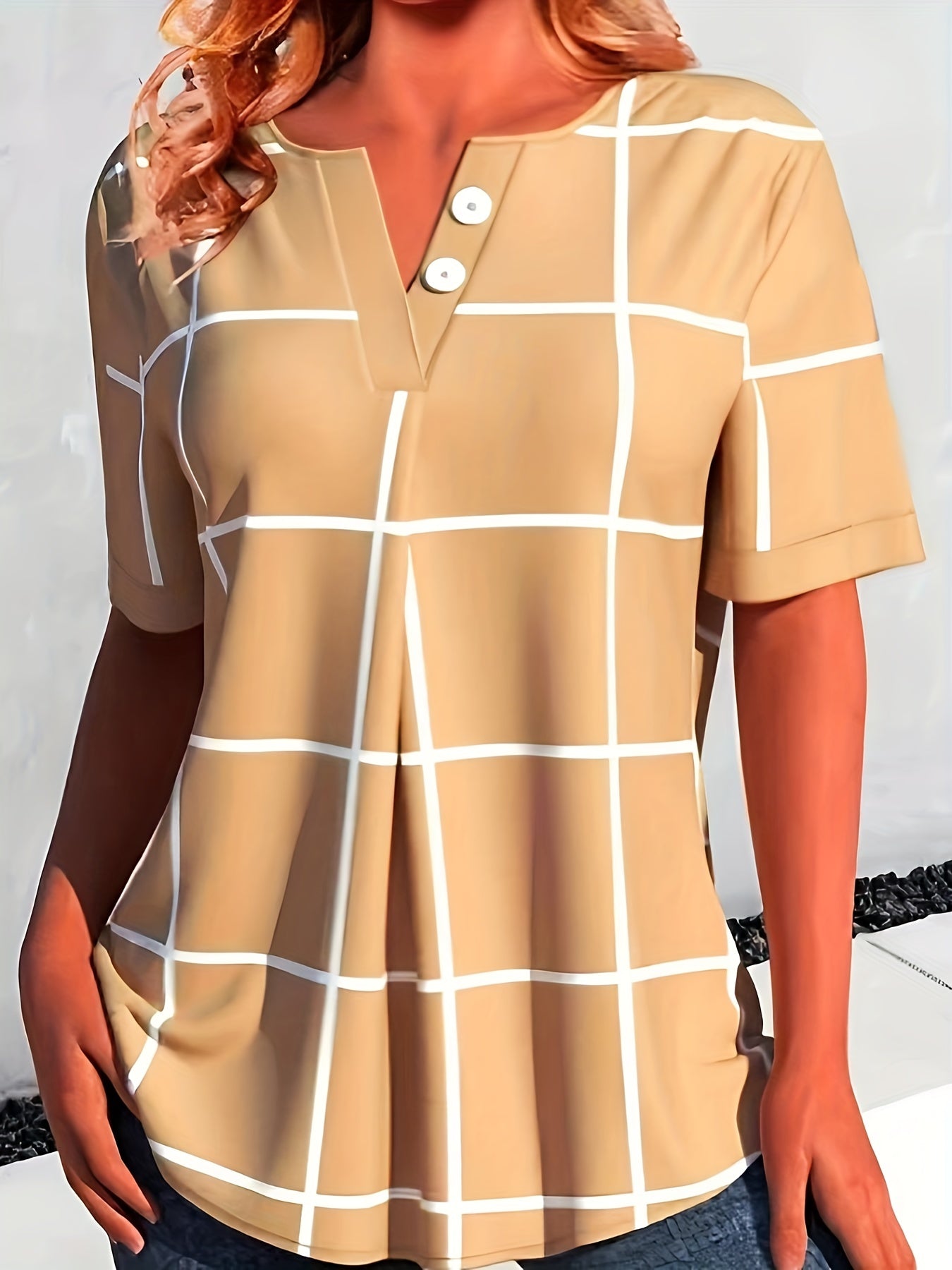  Plaid Print Short Sleeve Button Decor V Neck High Stretch Top