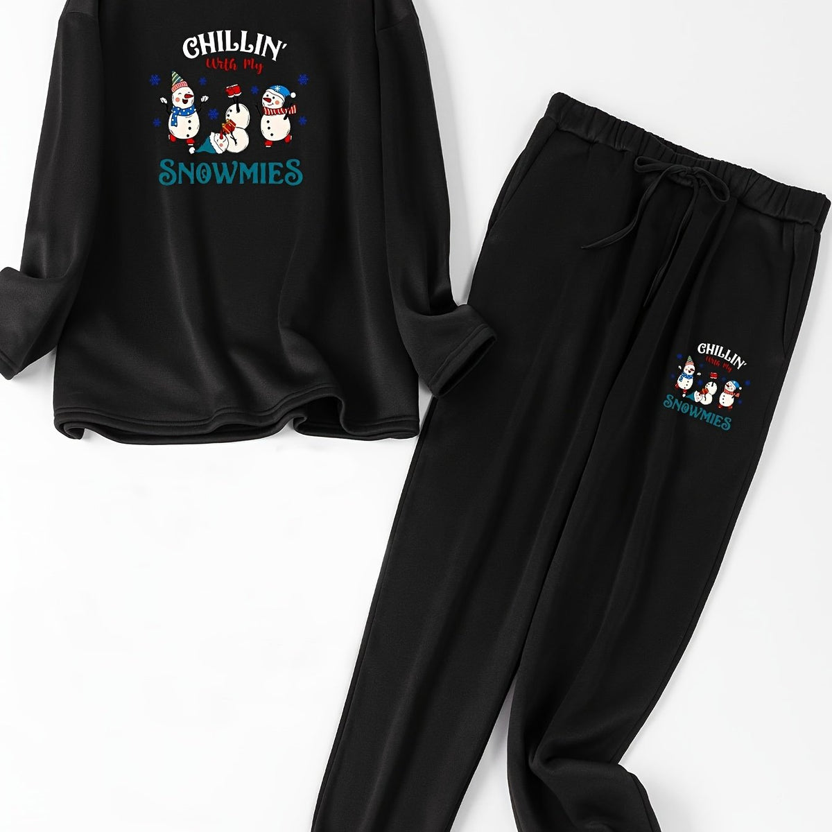  Christmas Lounge Set Women's Plus Snowman Print Fleece Top & Joggers