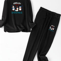  Christmas Lounge Set Women's Plus Snowman Print Fleece Top & Joggers