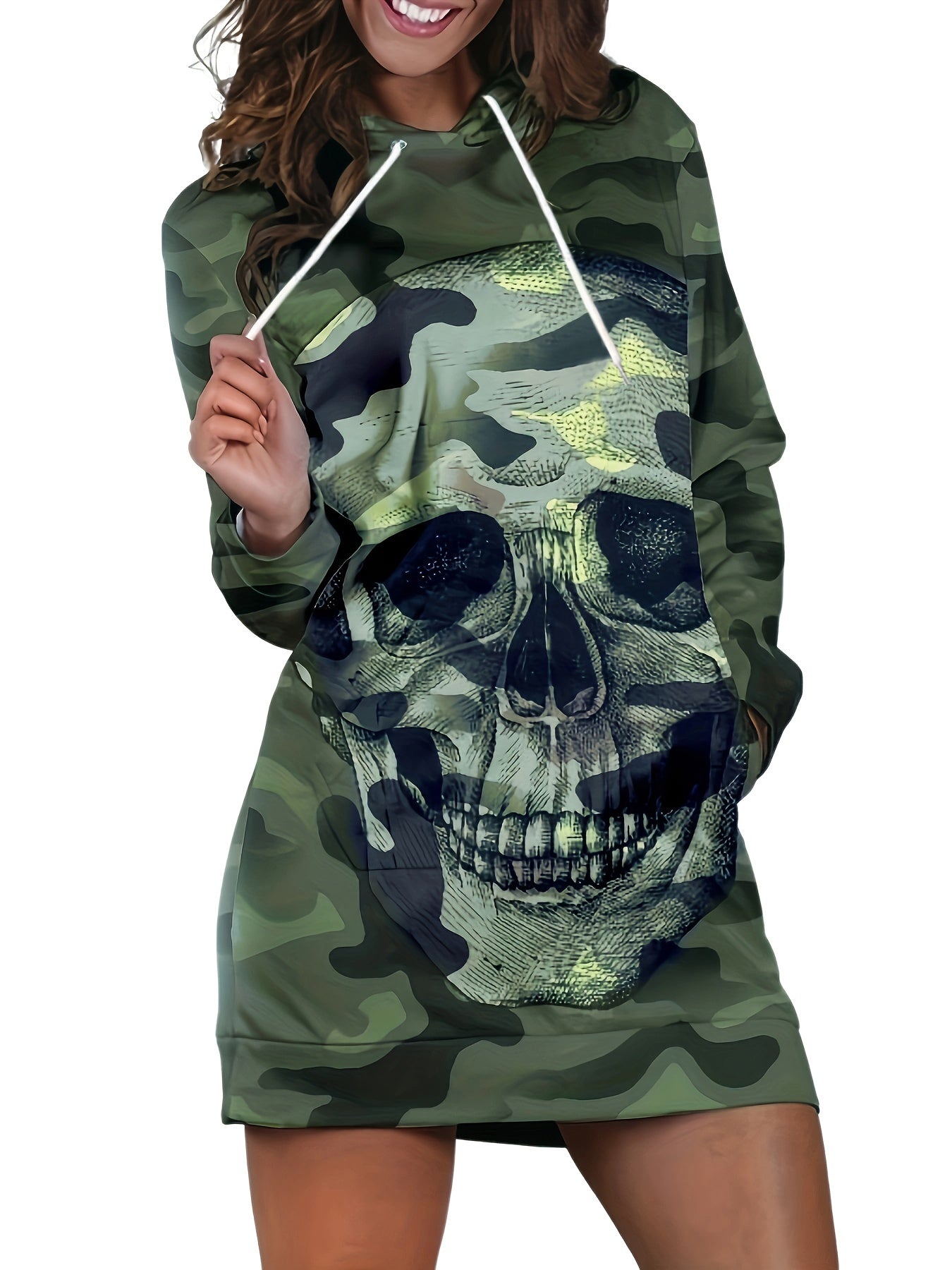  Camo & Skull Print Long Sleeve Hoodie Dress