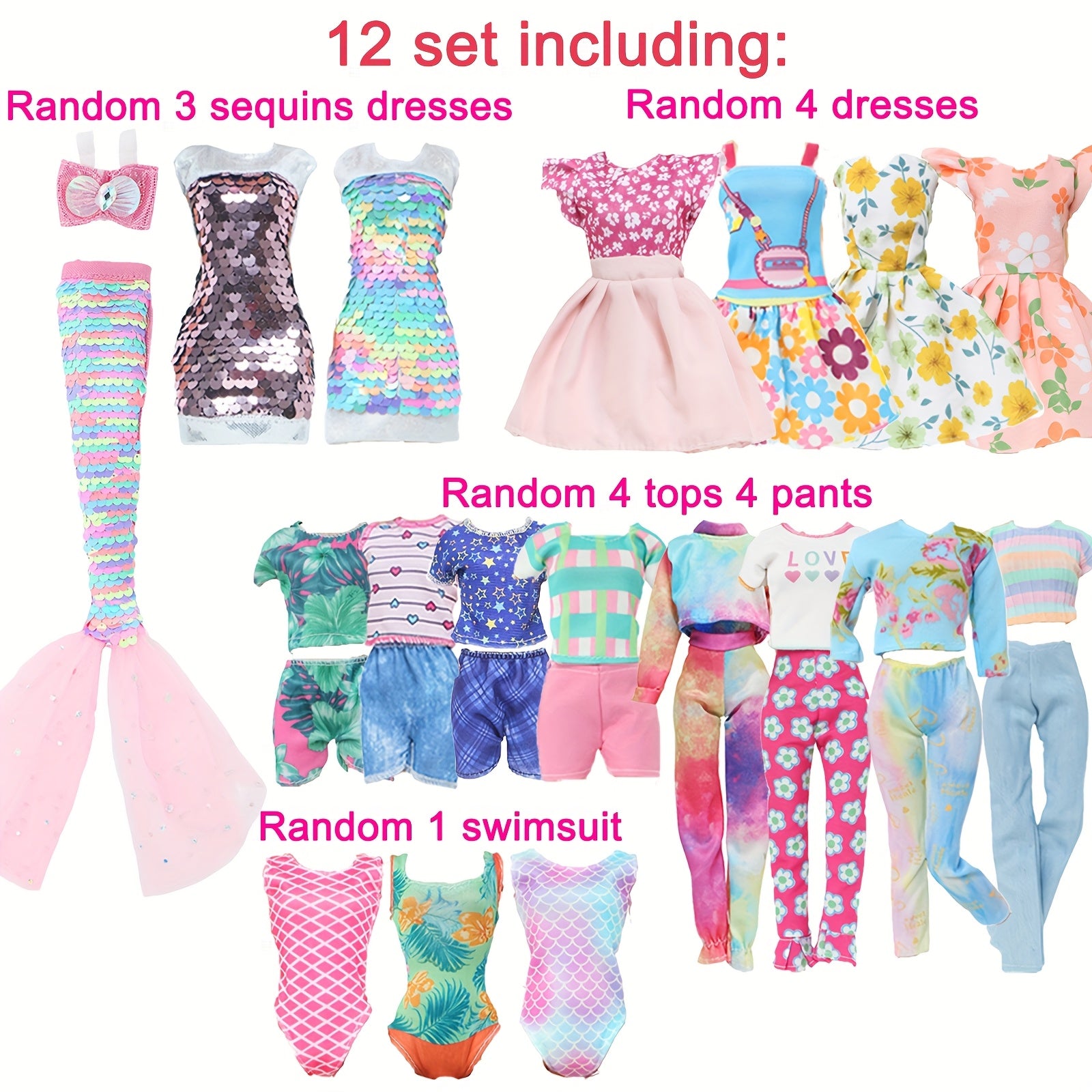 12-Piece Doll Clothes Set: Sequin Dresses, Floral Skirts, Tops, Pants, Bikini