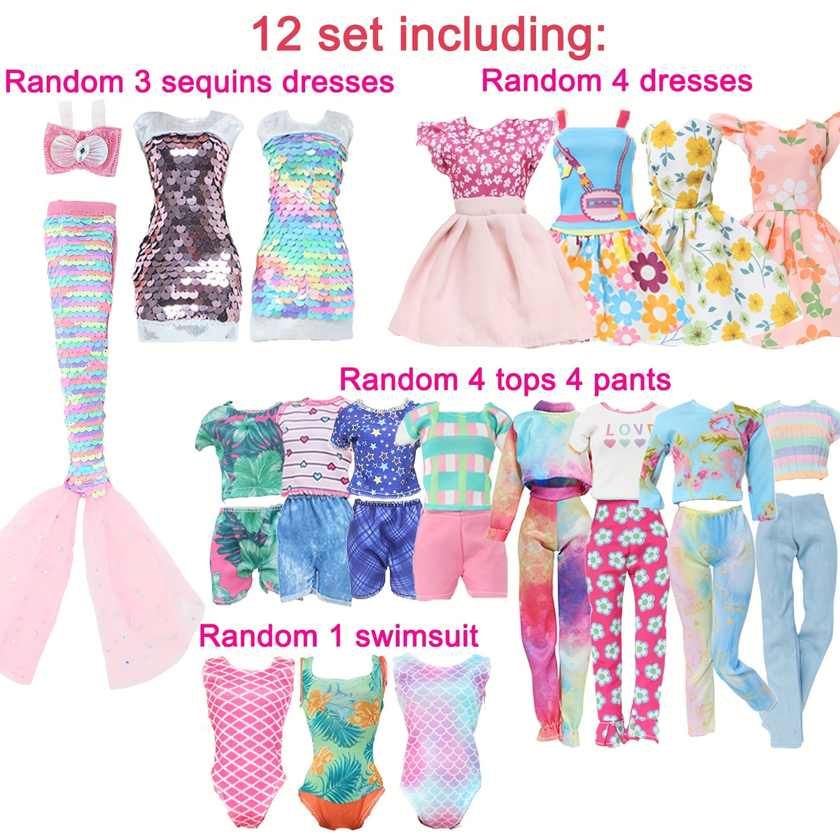12-Piece Doll Clothes Set: Sequin Dresses, Floral Skirts, Tops, Pants, Bikini