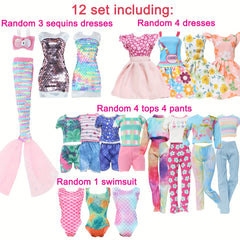 12-Piece Doll Clothes Set: Sequin Dresses, Floral Skirts, Tops, Pants, Bikini