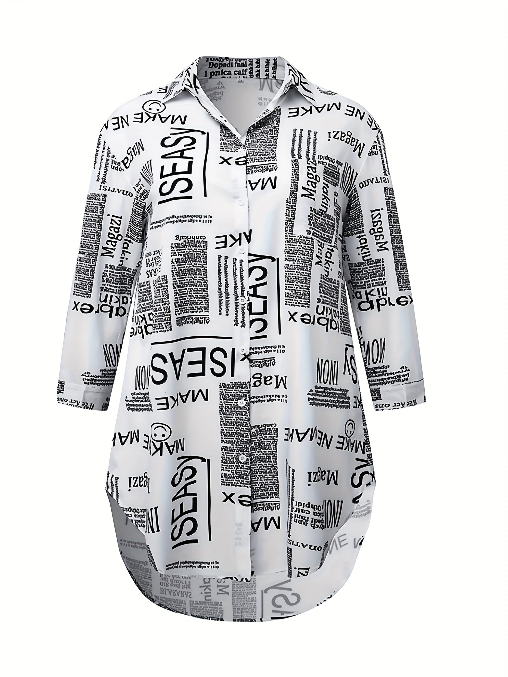  Letter Print Button Up Long Sleeve Blouse