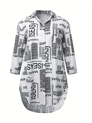  Letter Print Button Up Long Sleeve Blouse