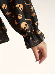  Halloween Skull Print Peplum Top