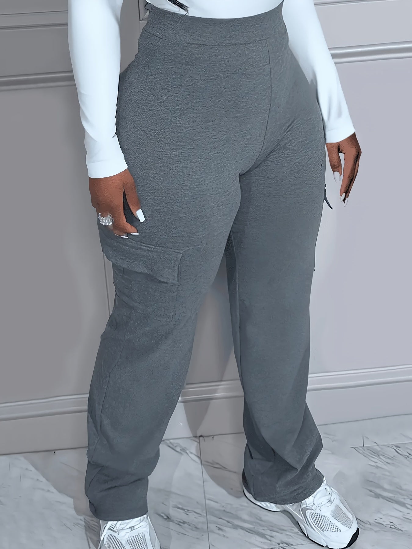 Plus Size High Rise Stretch Straight Leg Trousers With Pockets