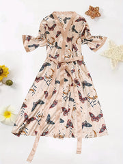  Satin Butterfly Print Long Sleeve Sleepwear Robe
