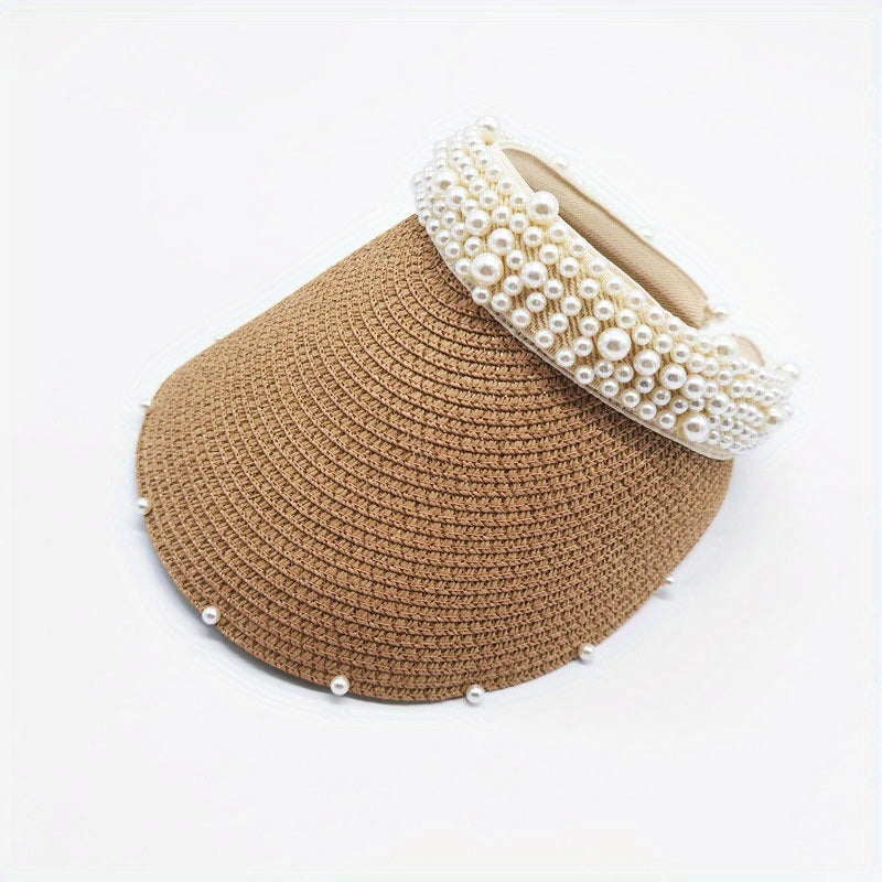 Faux Pearl Visor Hat Straw Sun Hat UV Protection Beach Hat