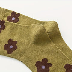 3 Pairs Floral Print Socks Comfy & Breathable Women's Mid Tube Stockings