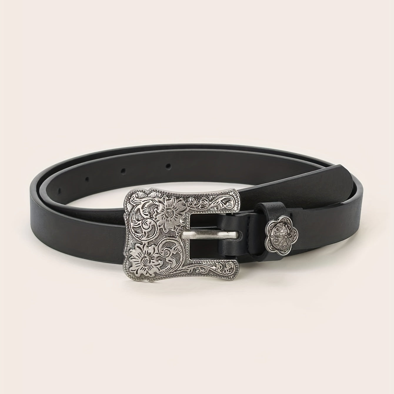 Vintage Flower Engraved Buckle Belts Boho Solid PU Leather Belt
