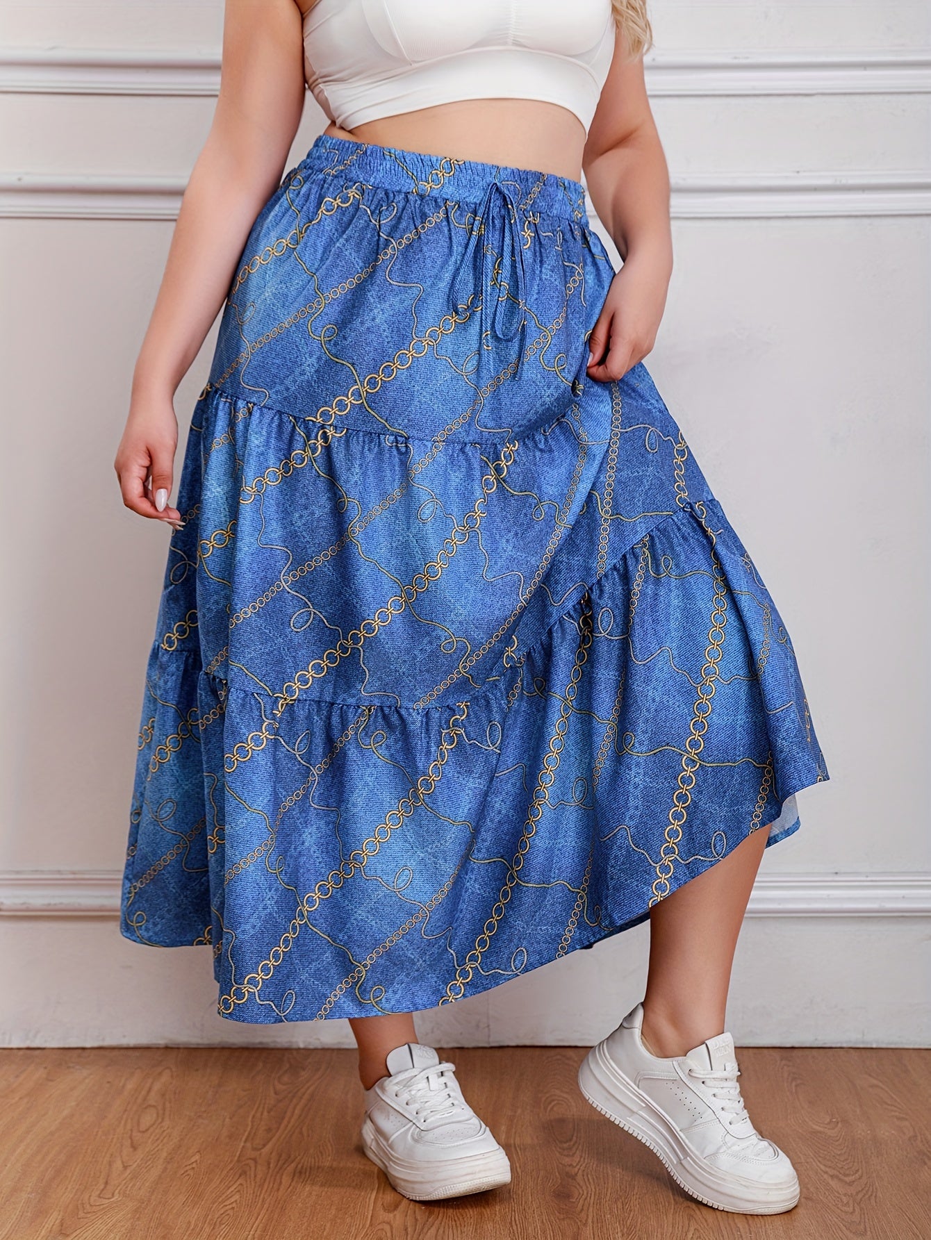  Casual Skirt Chain & Denim Print Drawstring Smock Maxi Skirt