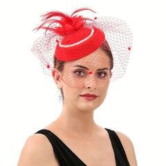 Red Feather Decor Fascinator Hats With Veil Pillbox Hat Hair Clip