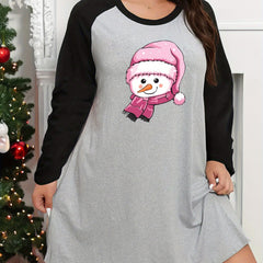  Christmas Lounge Dress Snowman Graphic Raglan Long Sleeve Nightdress