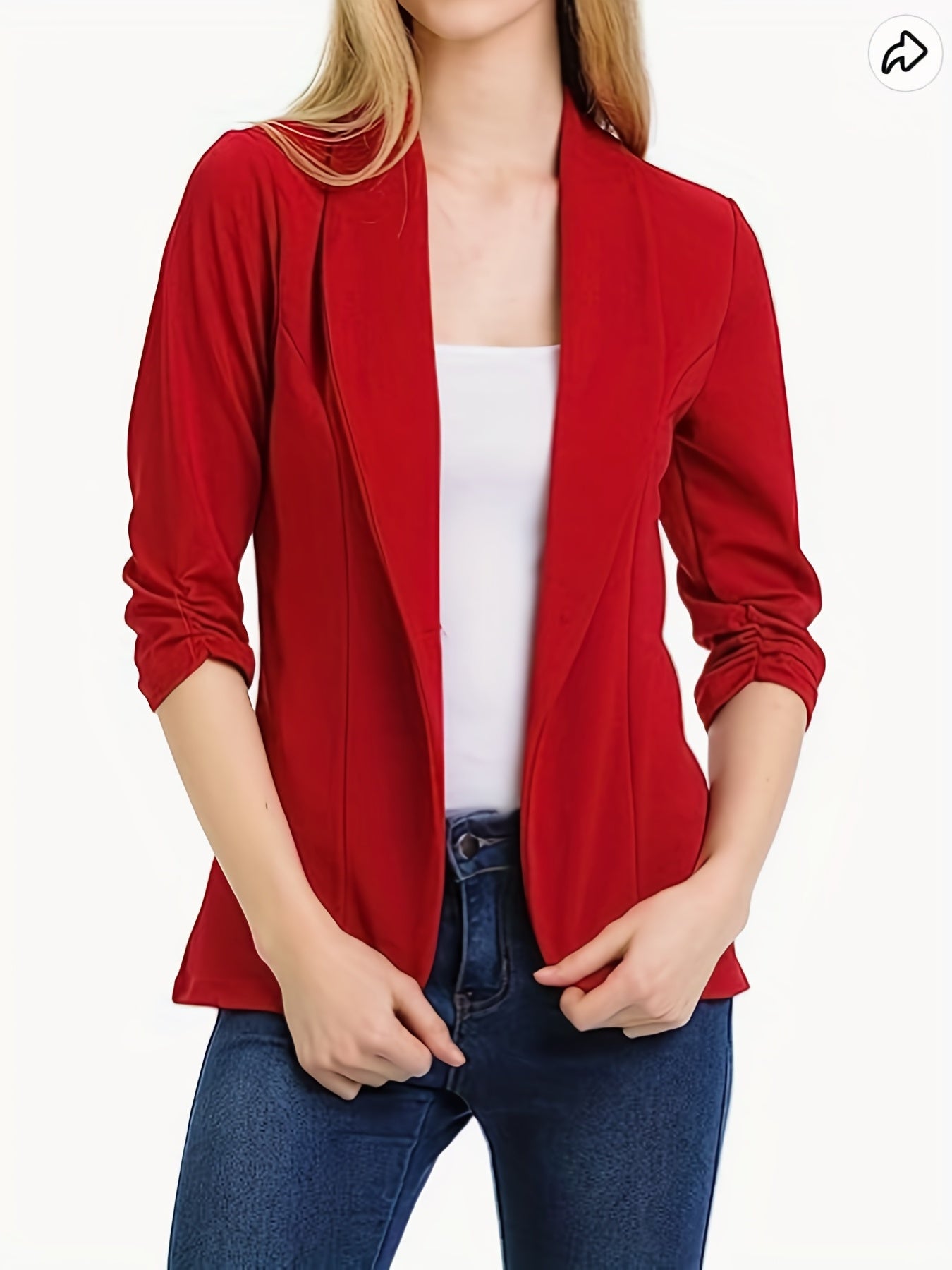 Solid Open Front Blazer Casual Lapel Ruched Sleeve Blazer