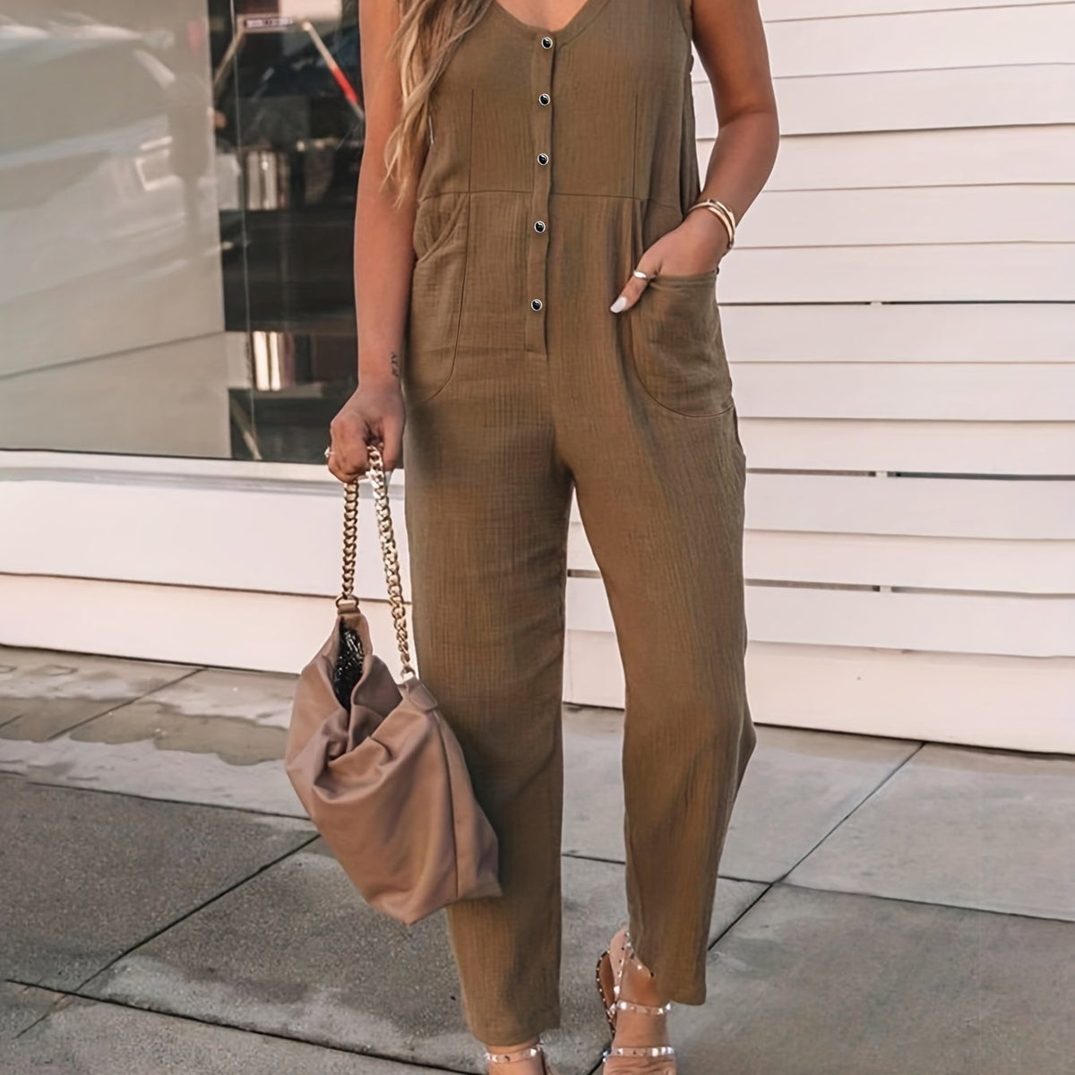Buttons Front Jumpsuit V Neck Sleeveless Women's Clothing