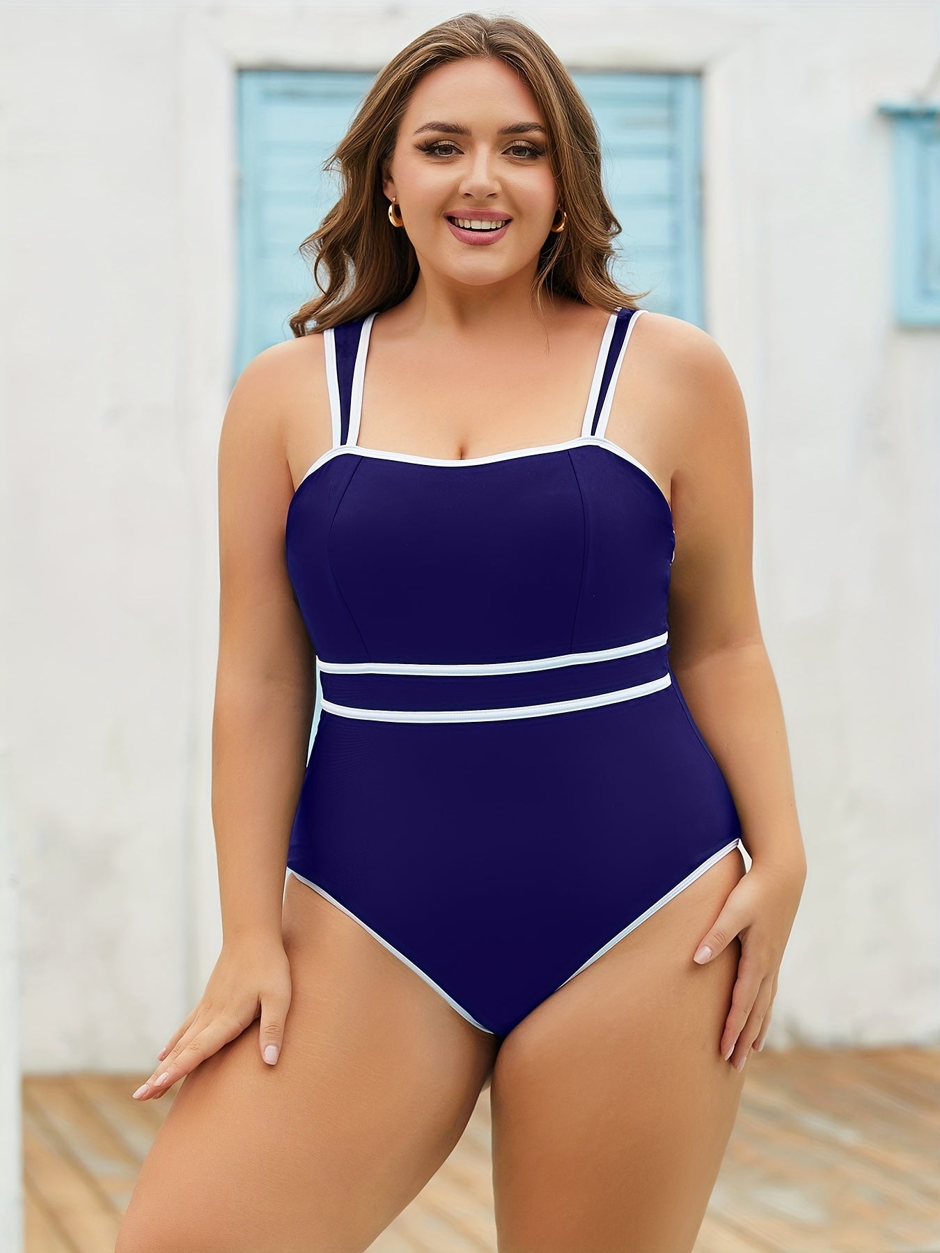  Colorblock Square Neck One Piece Swimsuit