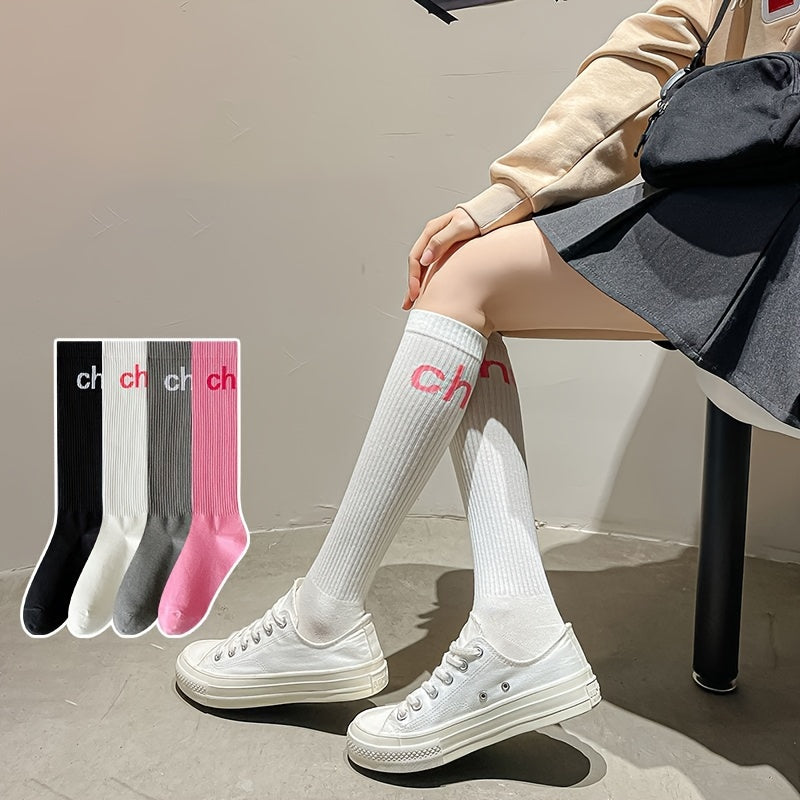 Letter Print Calf Socks Women's Knee High Stockings