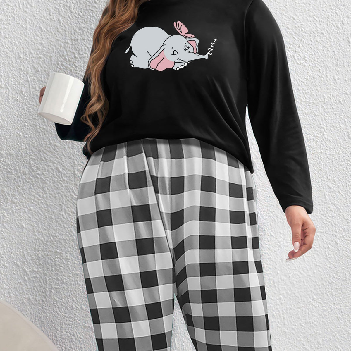  Elephant Print Top & Gingham Pants Pajama Set