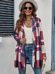  Colorblock Plaid Print Open Front Cardigan