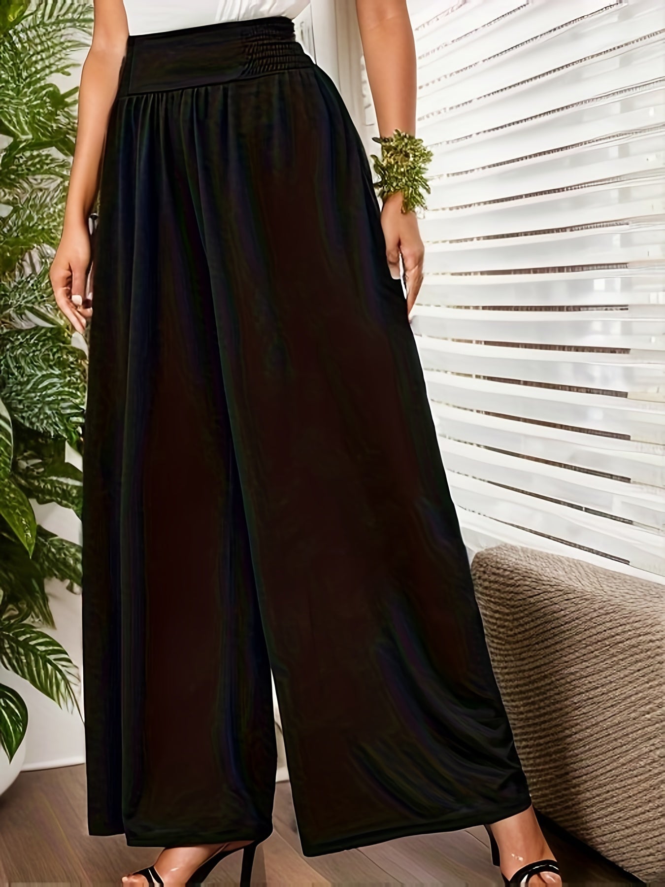Women's Plus Shirred High Waisted Wide Leg Loose Trousers