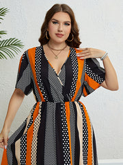  Colorblock Polka Dot Surplice Neck Midi Dress