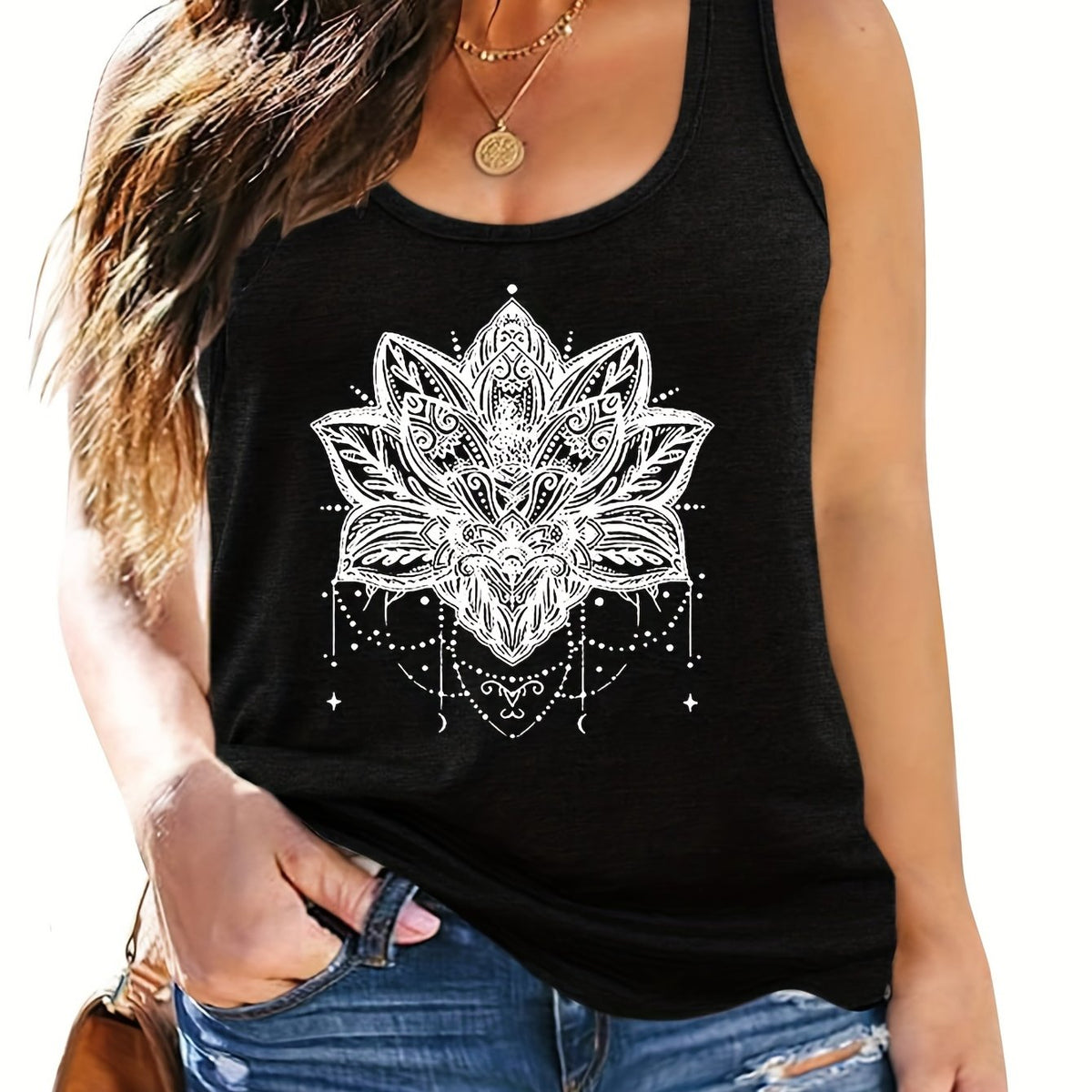  Lotus Print Tank Top Round Neck Medium Stretch