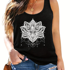  Lotus Print Tank Top Round Neck Medium Stretch