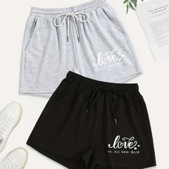2 Pack Plus Size Casual Shorts Women's Plus Heart & Letter Print Drawstring