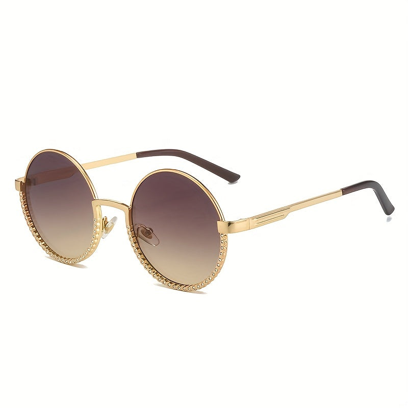 Round Metal Frame Sunglasses Rhinestone Decor Gradient Glasses UV400